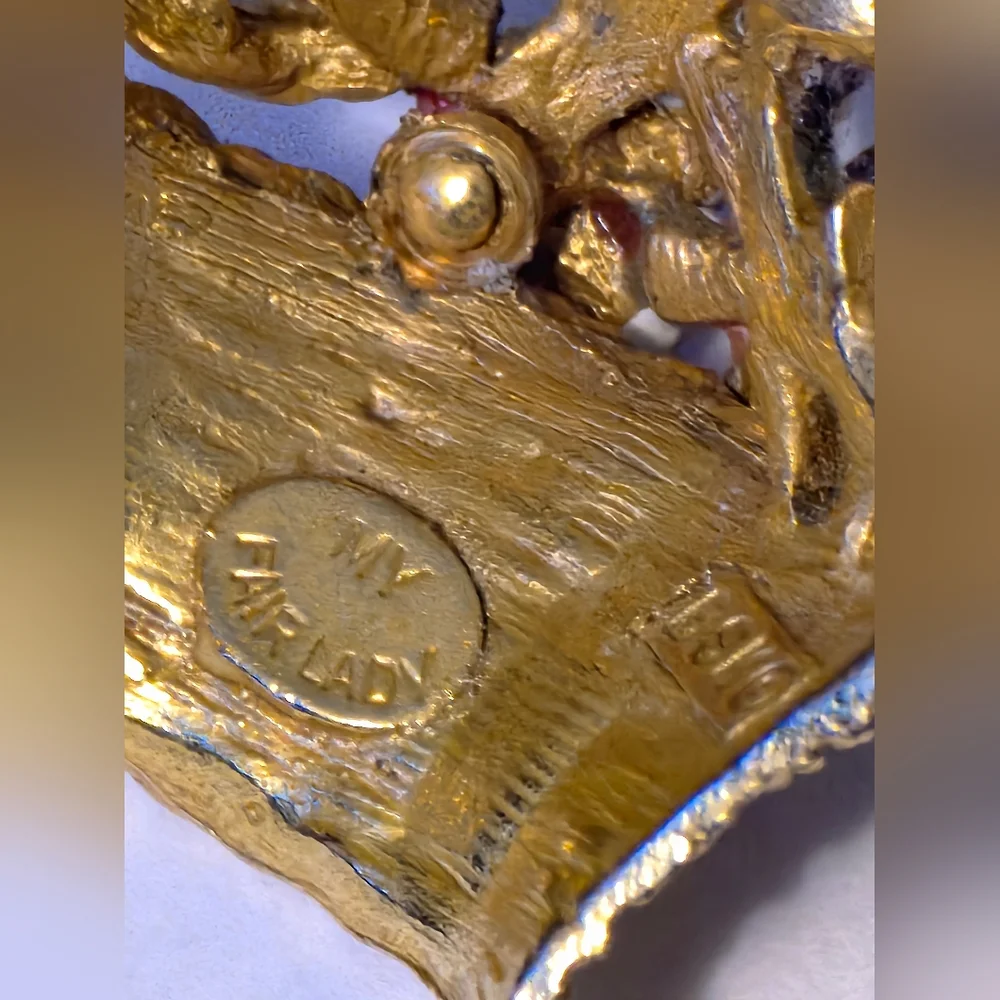 Vintage Signed BSK My Fair Lady Brooch Flower Basket Gold Tone Enamel Rhinestone